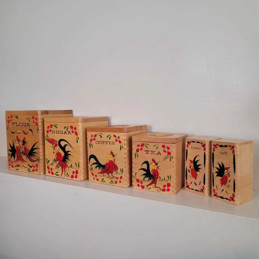 Vintage Chicken/Rooster Wooden Nesting Canister Set - Picture 1 of 9